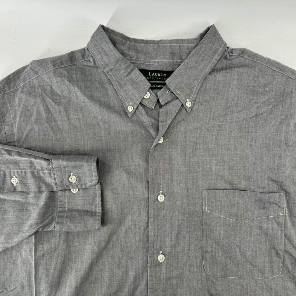 Lauren Ralph Lauren Button Down Shirt Mens 17.5 34/35 Grey Cotton Long Sleeve